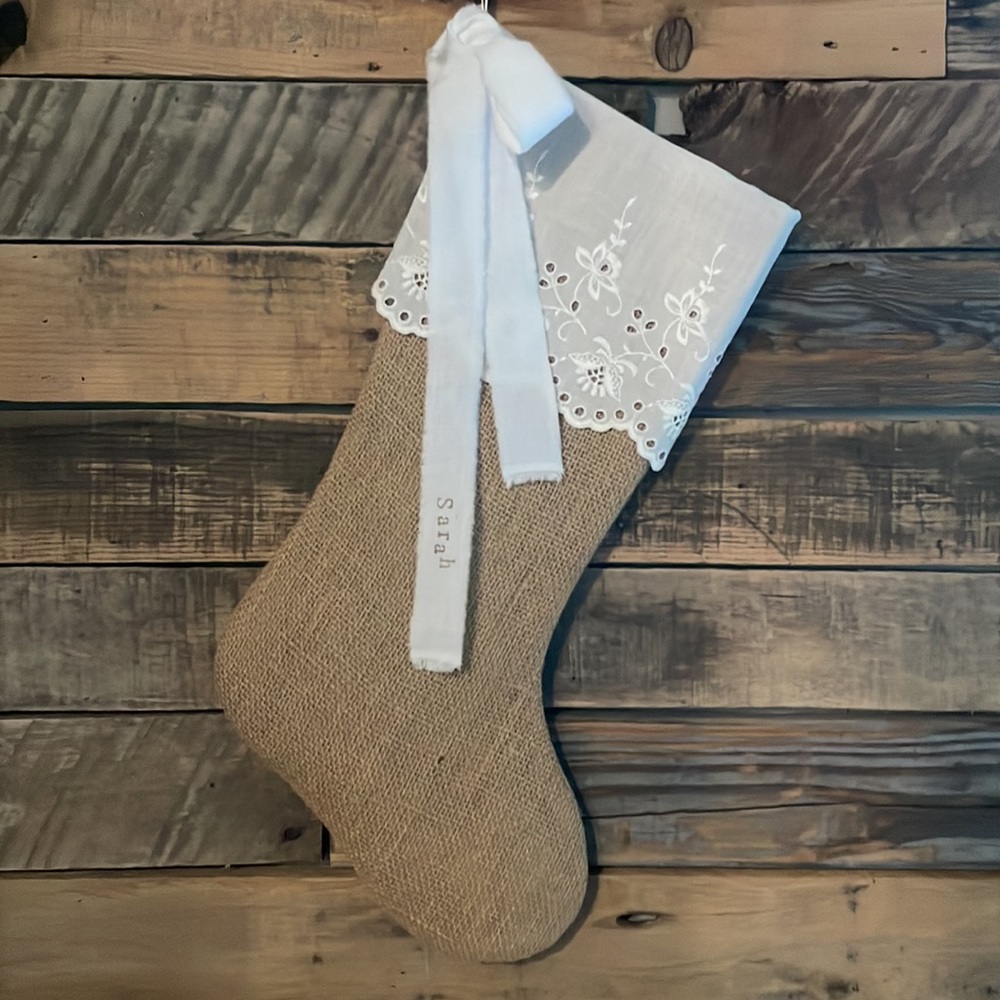 Tan burlap custom Christmas stocking white eyelet cuff personalized for …